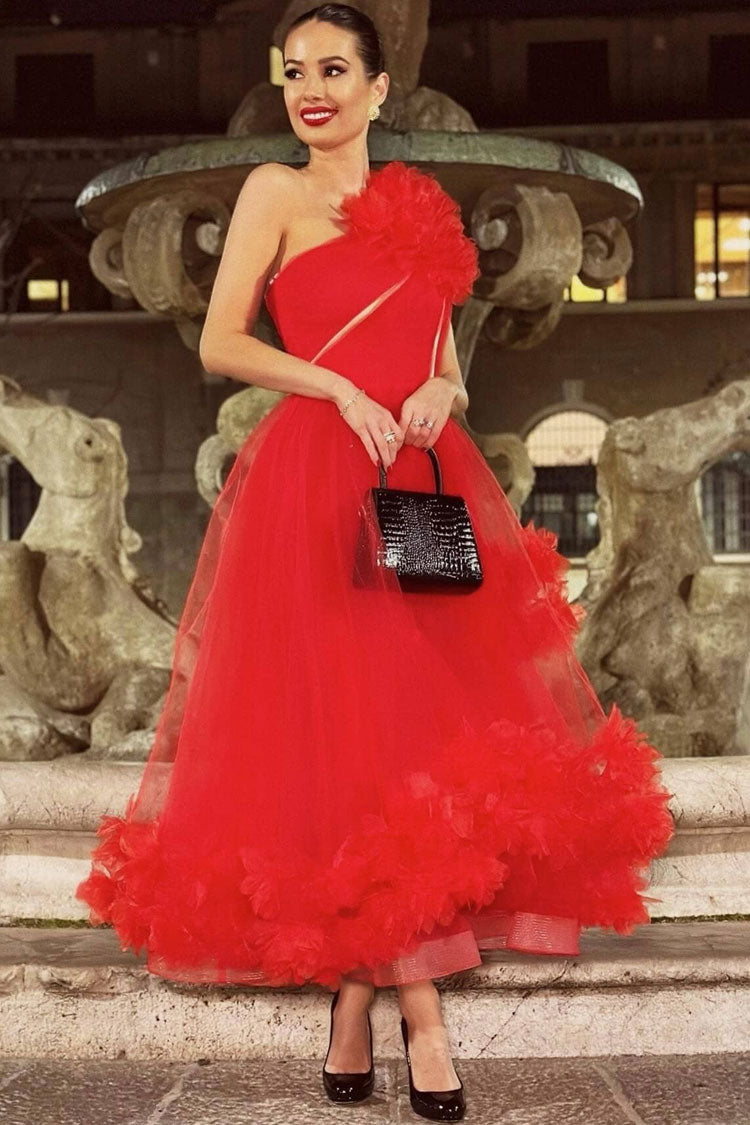 Glamorous 3D Rosette One Shoulder A Line Tulle Evening Maxi Dress - Red