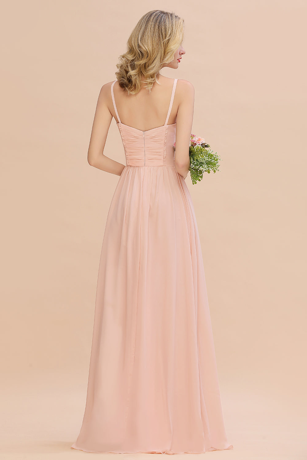 Glamorous Chiffon Spaghetti Straps Ruffle Long Bridesmaid Dresses Affordable - Fashionpara