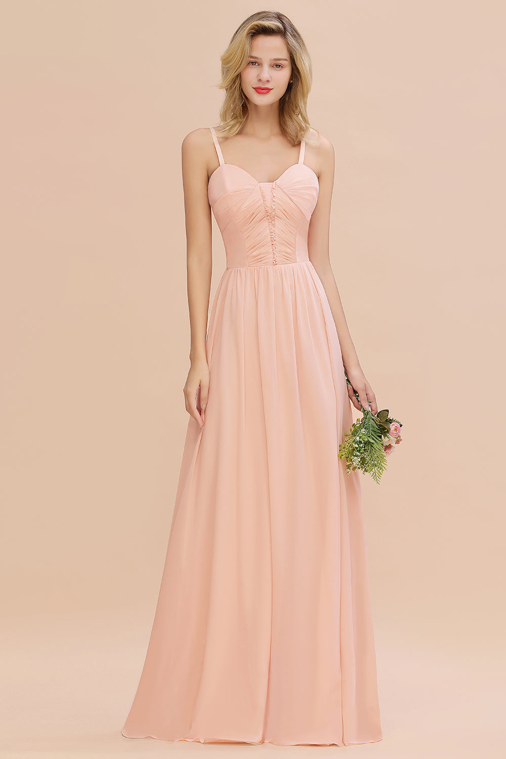 Glamorous Chiffon Spaghetti Straps Ruffle Long Bridesmaid Dresses Affordable - Fashionpara