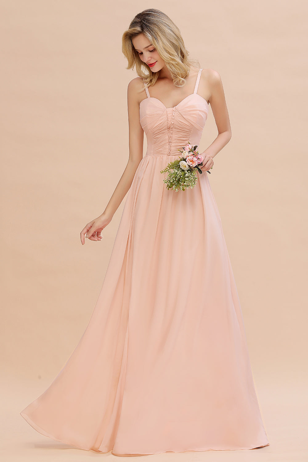 Glamorous Chiffon Spaghetti Straps Ruffle Long Bridesmaid Dresses Affordable - Fashionpara