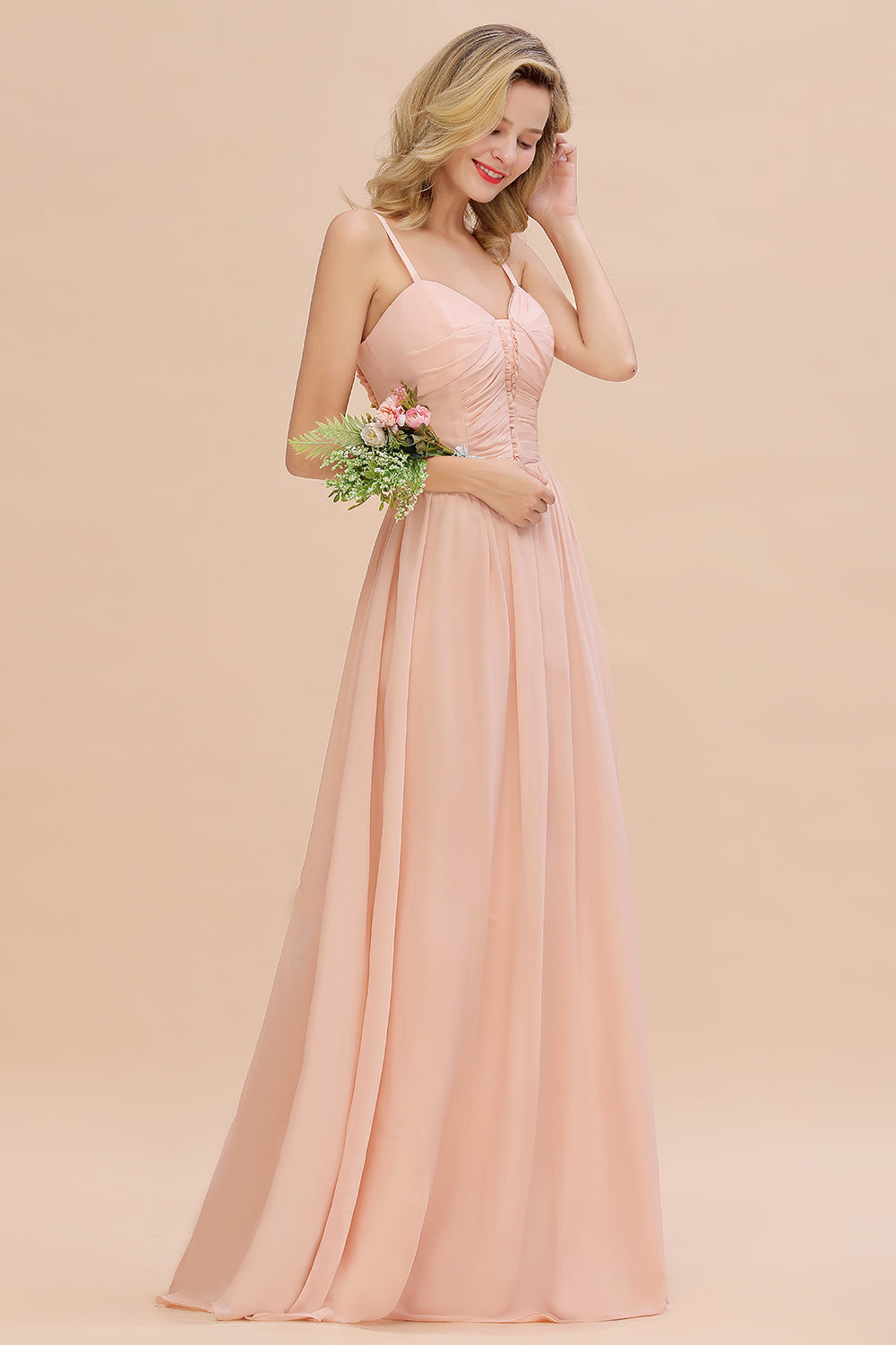 Glamorous Chiffon Spaghetti Straps Ruffle Long Bridesmaid Dresses Affordable - Fashionpara