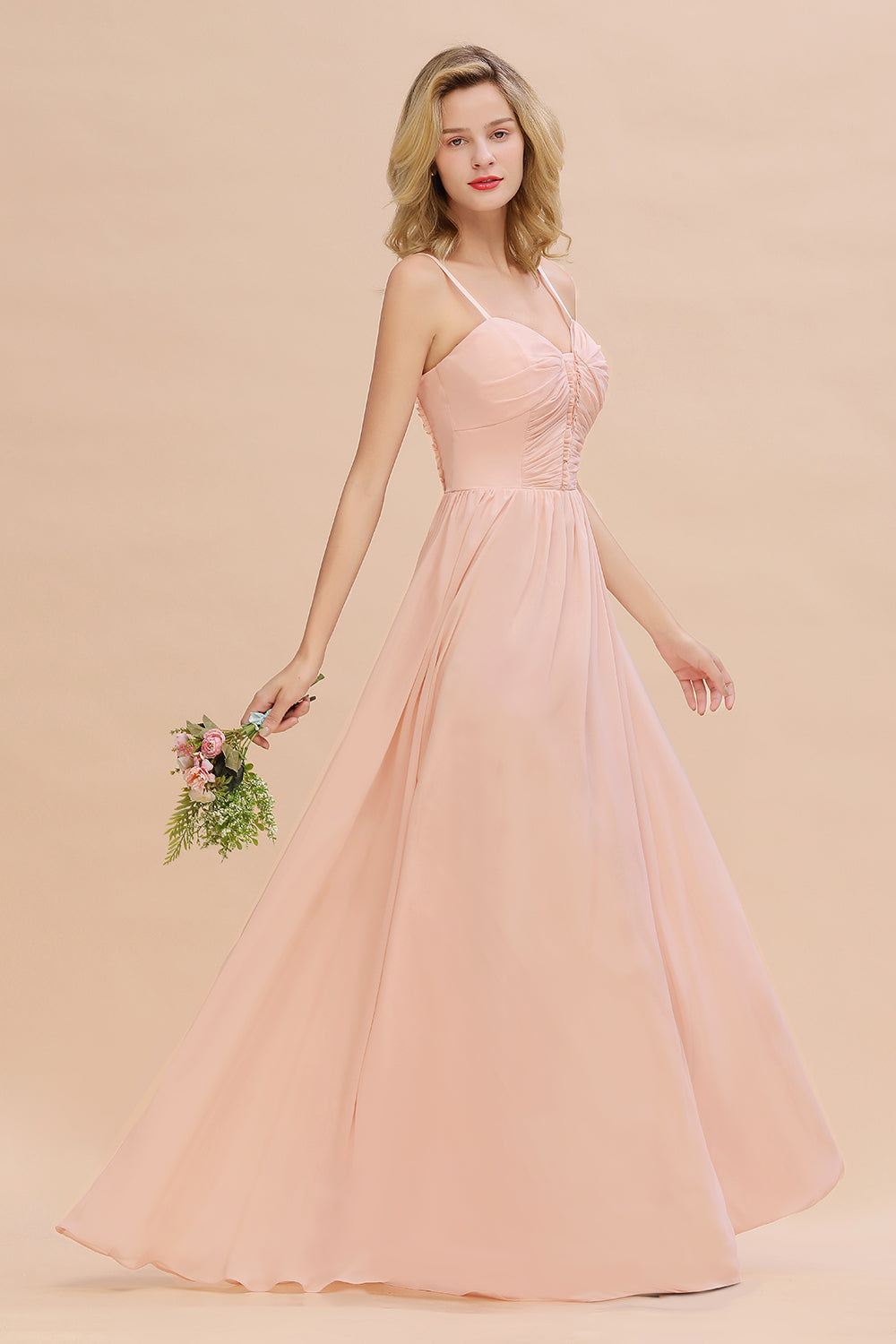 Glamorous Chiffon Spaghetti Straps Ruffle Long Bridesmaid Dresses Affordable - Fashionpara