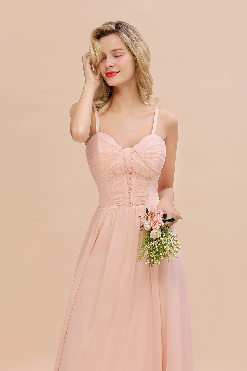 Glamorous Chiffon Spaghetti Straps Ruffle Long Bridesmaid Dresses Affordable - Fashionpara