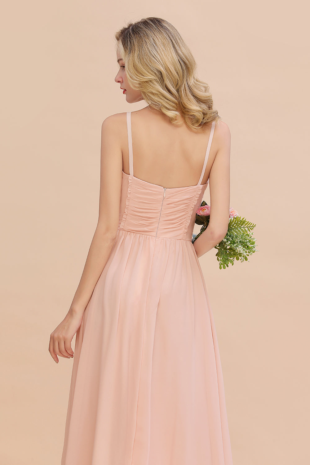 Glamorous Chiffon Spaghetti Straps Ruffle Long Bridesmaid Dresses Affordable - Fashionpara