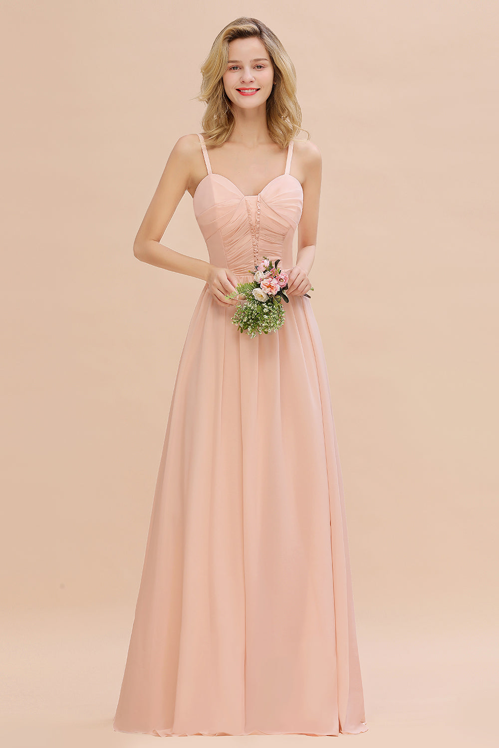 Glamorous Chiffon Spaghetti Straps Ruffle Long Bridesmaid Dresses Affordable - Fashionpara