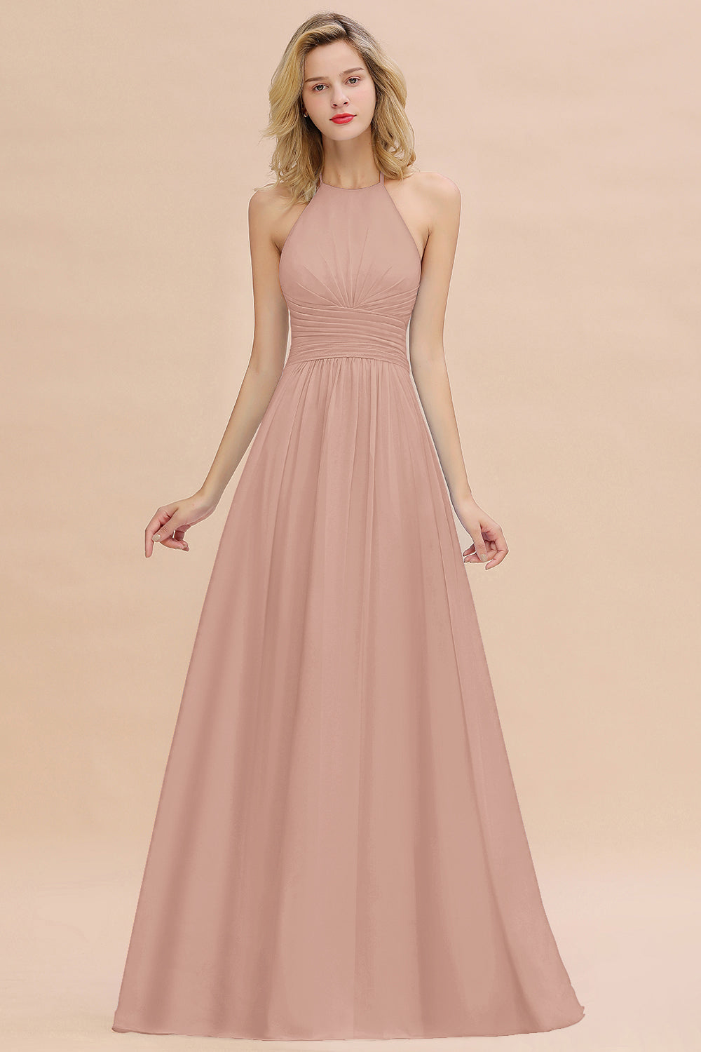 Glamorous Halter Backless Long Affordable Bridesmaid dresses with Ruffle - Fashionpara