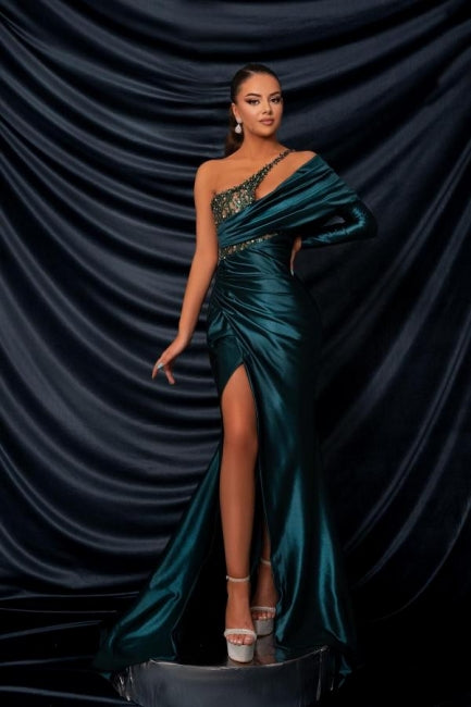 Glamorous Long Dark Green One Shoulder Beaded Lace Long Sleeve Prom Gown with Slit - Fashionpara