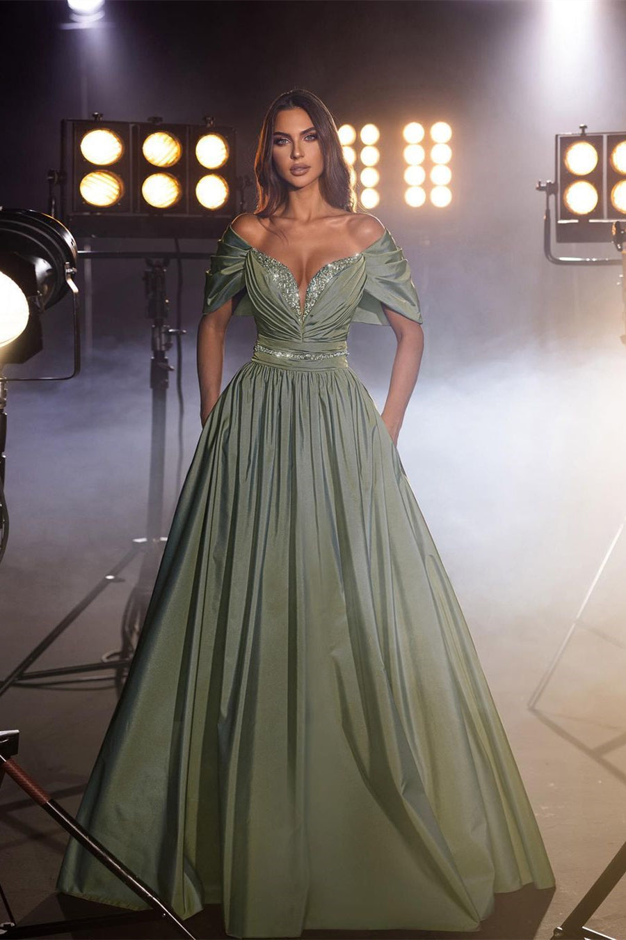 Glamorous Long Dusty Sage A-line Off-the-Shoulder Evening Dress with Beading and Sequins - Fashionpara