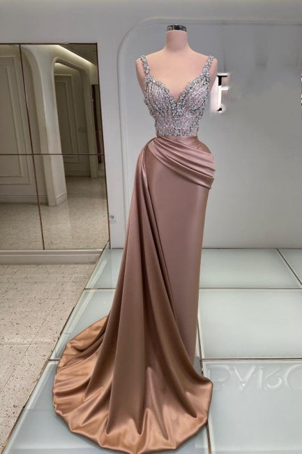 Glamorous Long Mermaid V-neck Sleeveless Jewel Embellished Prom Dress - Fashionpara