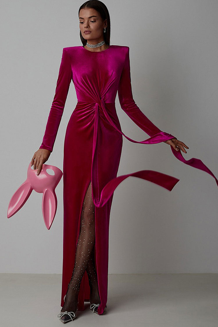 Glamorous Long Sleeve Twist Draped Front Split Velvet Evening Maxi Dress - Rose