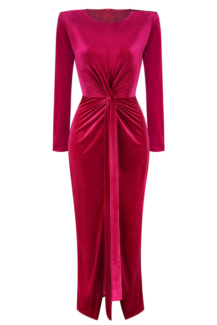 Glamorous Long Sleeve Twist Draped Front Split Velvet Evening Maxi Dress - Rose