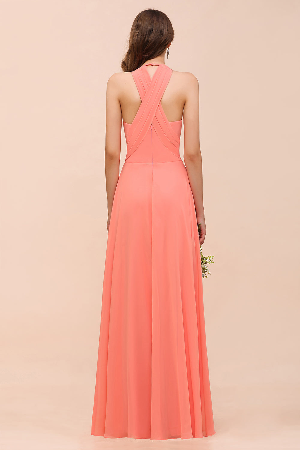 Glamorous V-Neck Coral Chiffon Bridesmaid Dresses Affordable with Ruffle - Fashionpara