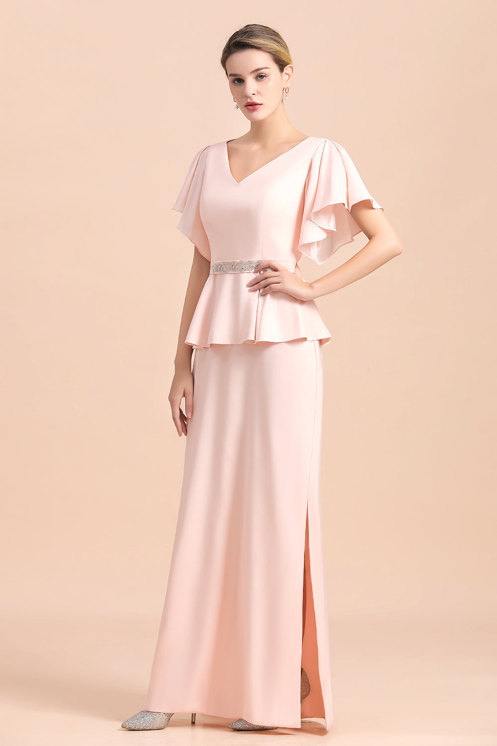 Glamorous V-Neck Front Slit Mother of Bride Dresses with Beadings Sash - Fashionpara