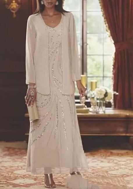 Glamorous V-Neck Long Sleeves A-Line Chiffon Mother of the Bride Dress with Sequined Accents