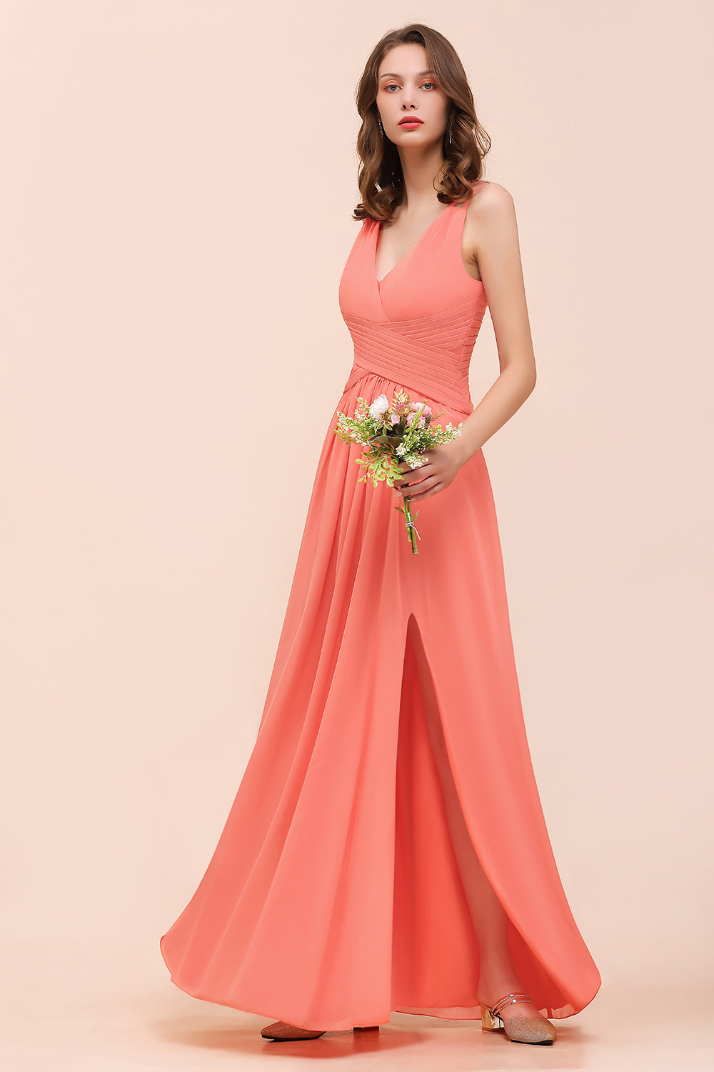 Glamorous V-Neck Ruffle Chiffon Long Bridesmaid Dresses With Slit