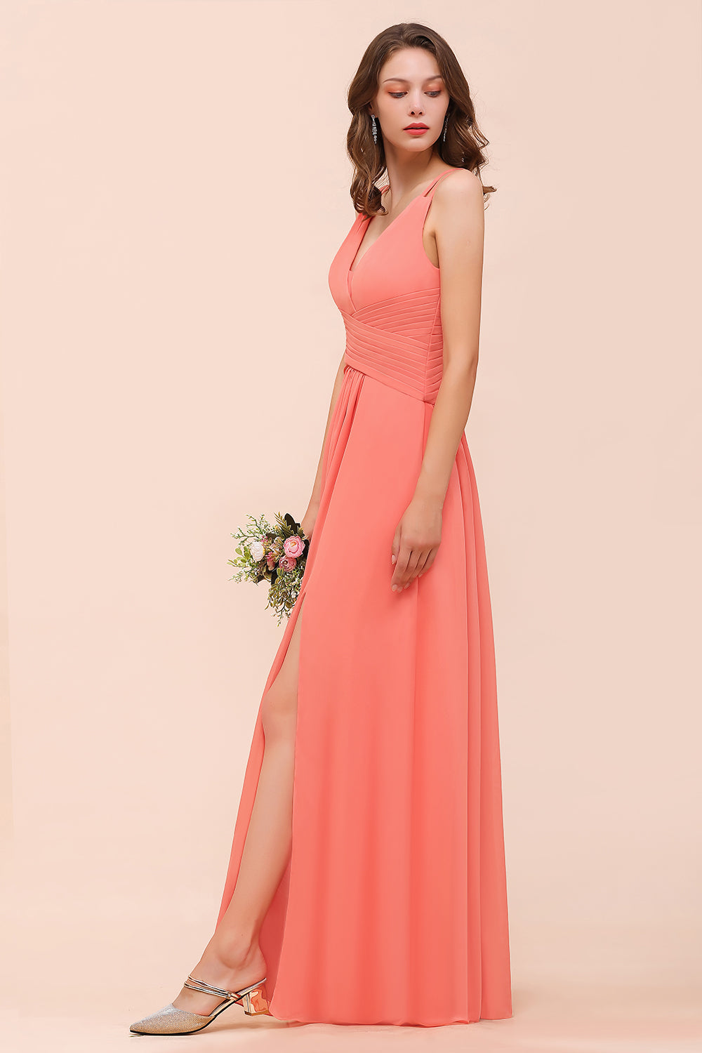 Glamorous V-Neck Ruffle Chiffon Long Bridesmaid Dresses With Slit