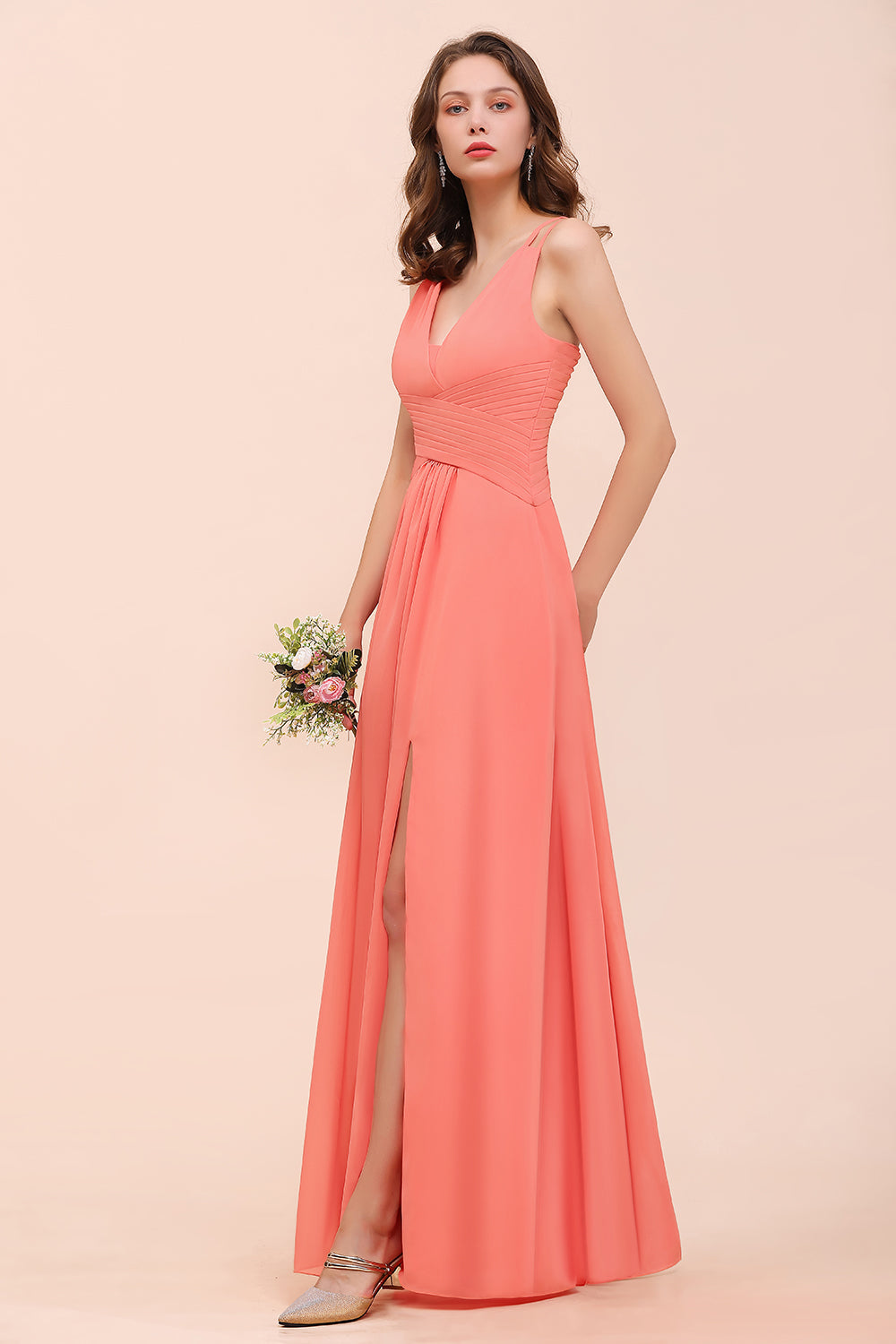 Glamorous V-Neck Ruffle Chiffon Long Bridesmaid Dresses With Slit