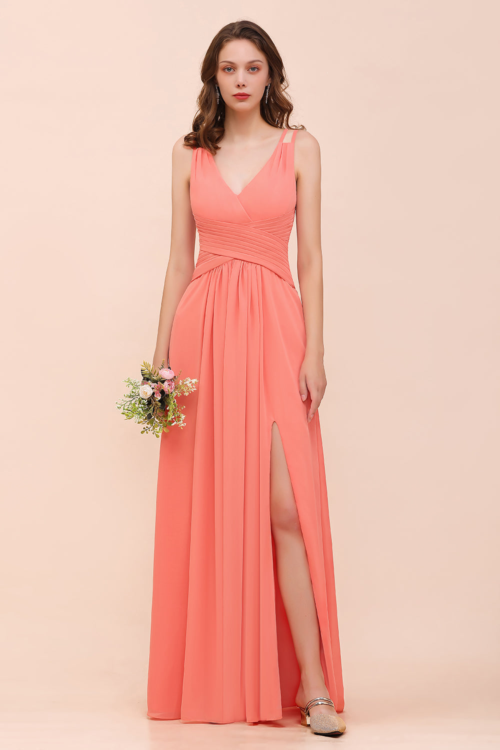 Glamorous V-Neck Ruffle Chiffon Long Bridesmaid Dresses With Slit