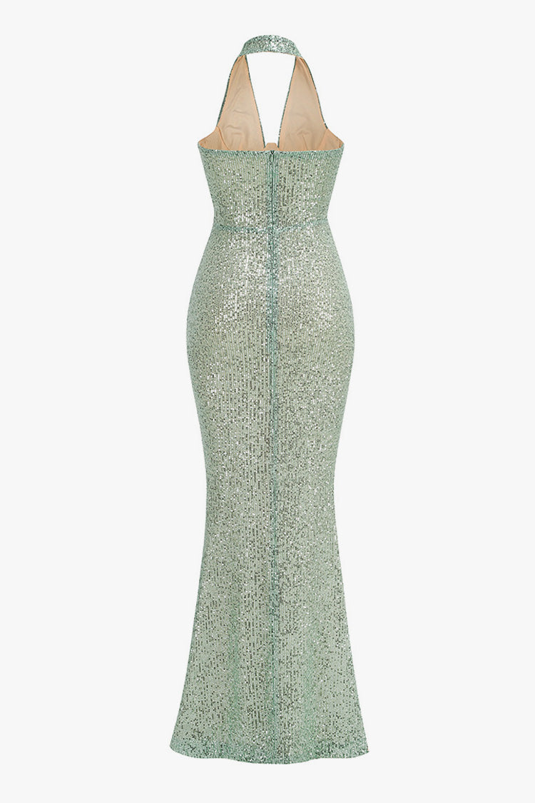 Glitter Ruched Plunge Halter Bodycon Sequin Mermaid Evening Maxi Dress