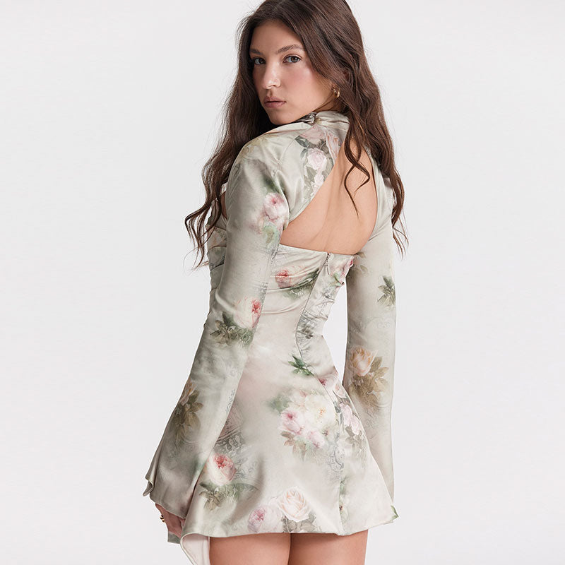 Glossy Satin Flower Print Cutout Ruched Trim Long Sleeve Mini Dress - Floral - Fashionpara