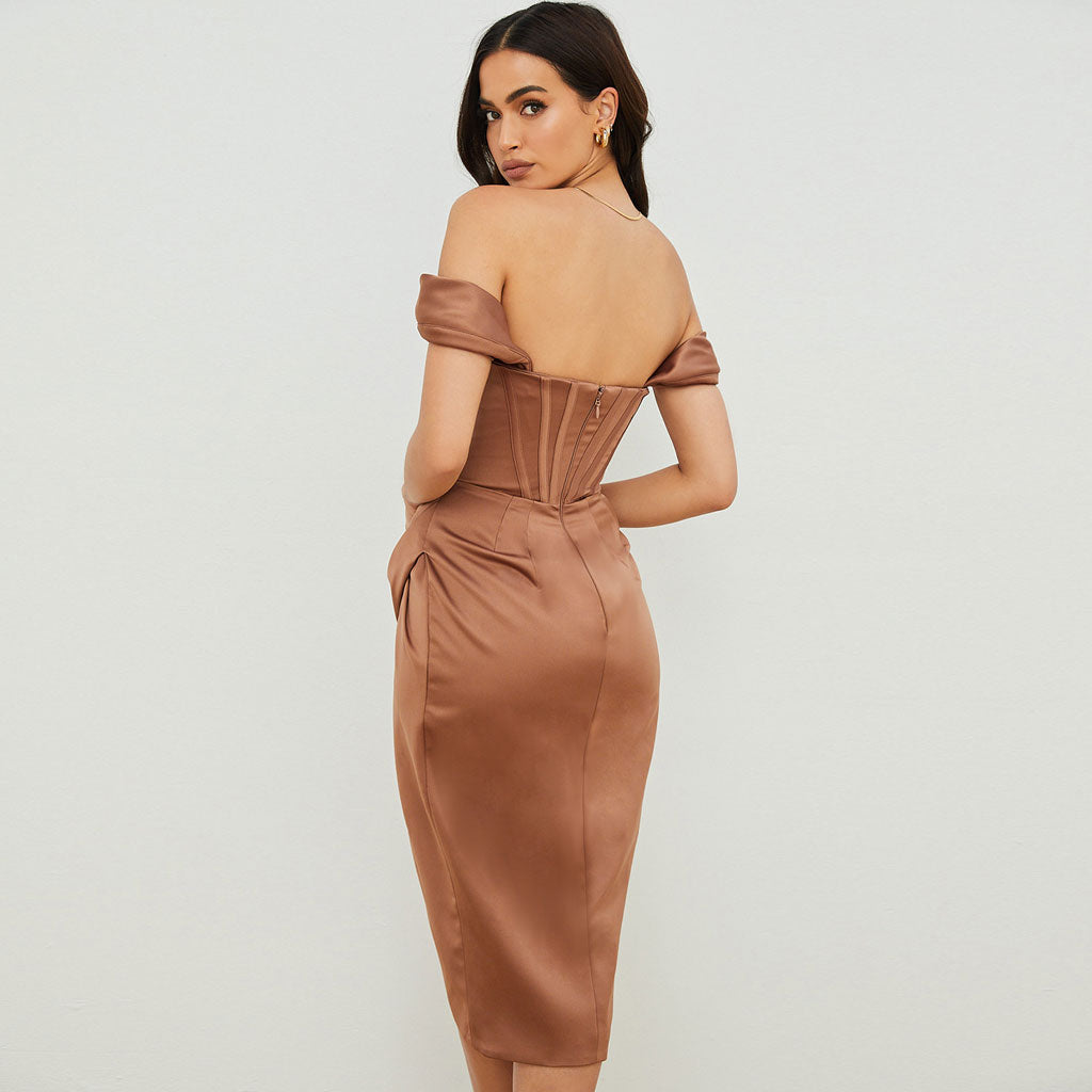 Glossy Satin Off Shoulder Draped Corset Cocktail Midi Dress - Chocolate