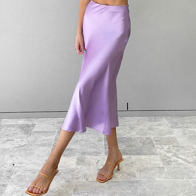 Glossy Satin Side Zipper Fishtail Trim High Waist Midi Skirt - Lilac