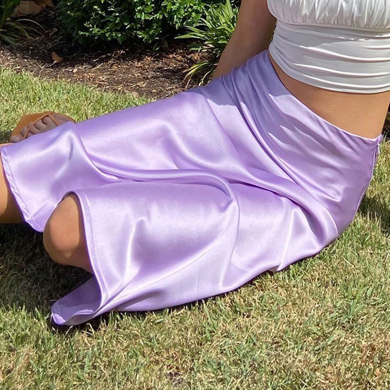 Glossy Satin Side Zipper Fishtail Trim High Waist Midi Skirt - Lilac