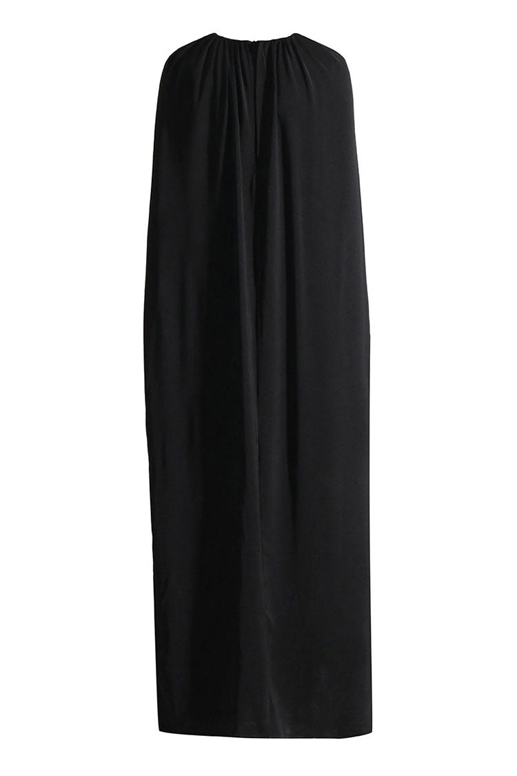 Goddess Ruched Crew Neck Tailored Waist Capelet Evening Maxi Dress - Fashionpara