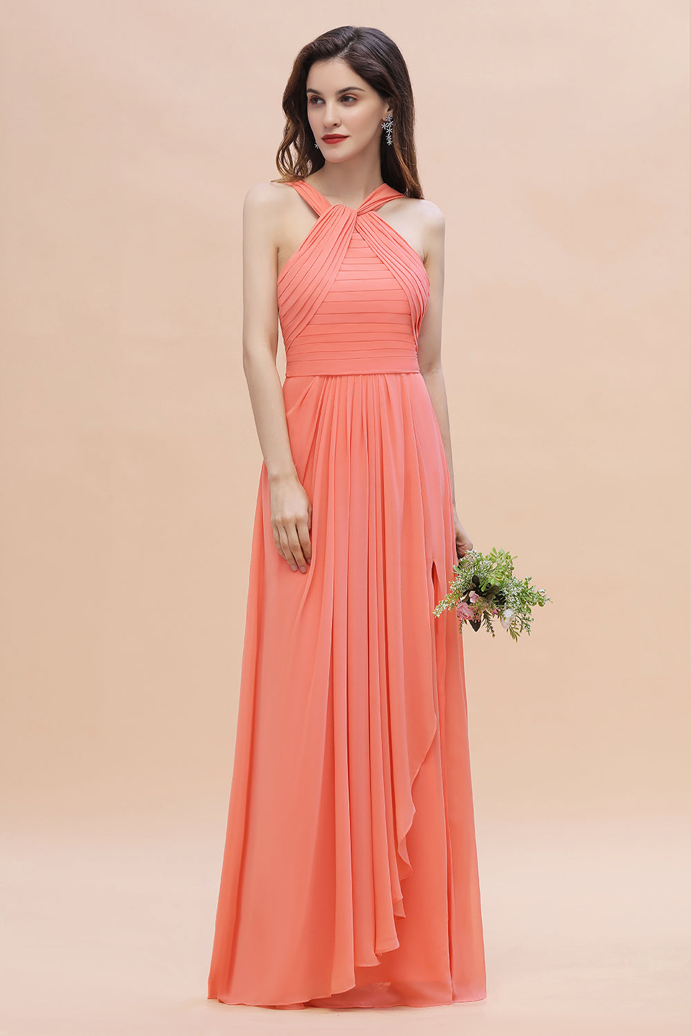 Gorgeous A-Line Sleeveless Coral Chiffon Bridesmaid Dresses with Ruffles On Sale - Fashionpara