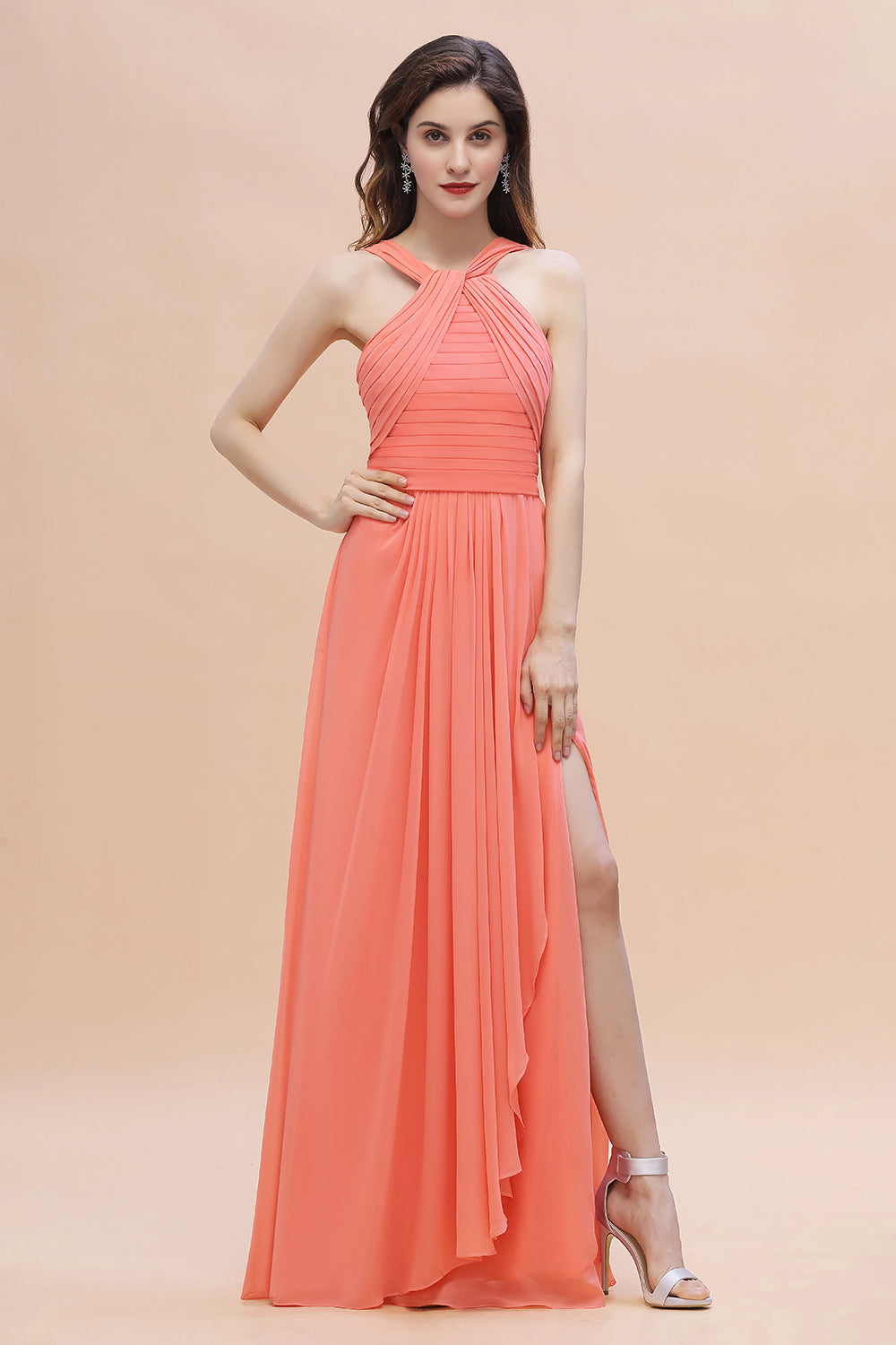 Gorgeous A-Line Sleeveless Coral Chiffon Bridesmaid Dresses with Ruffles On Sale - Fashionpara