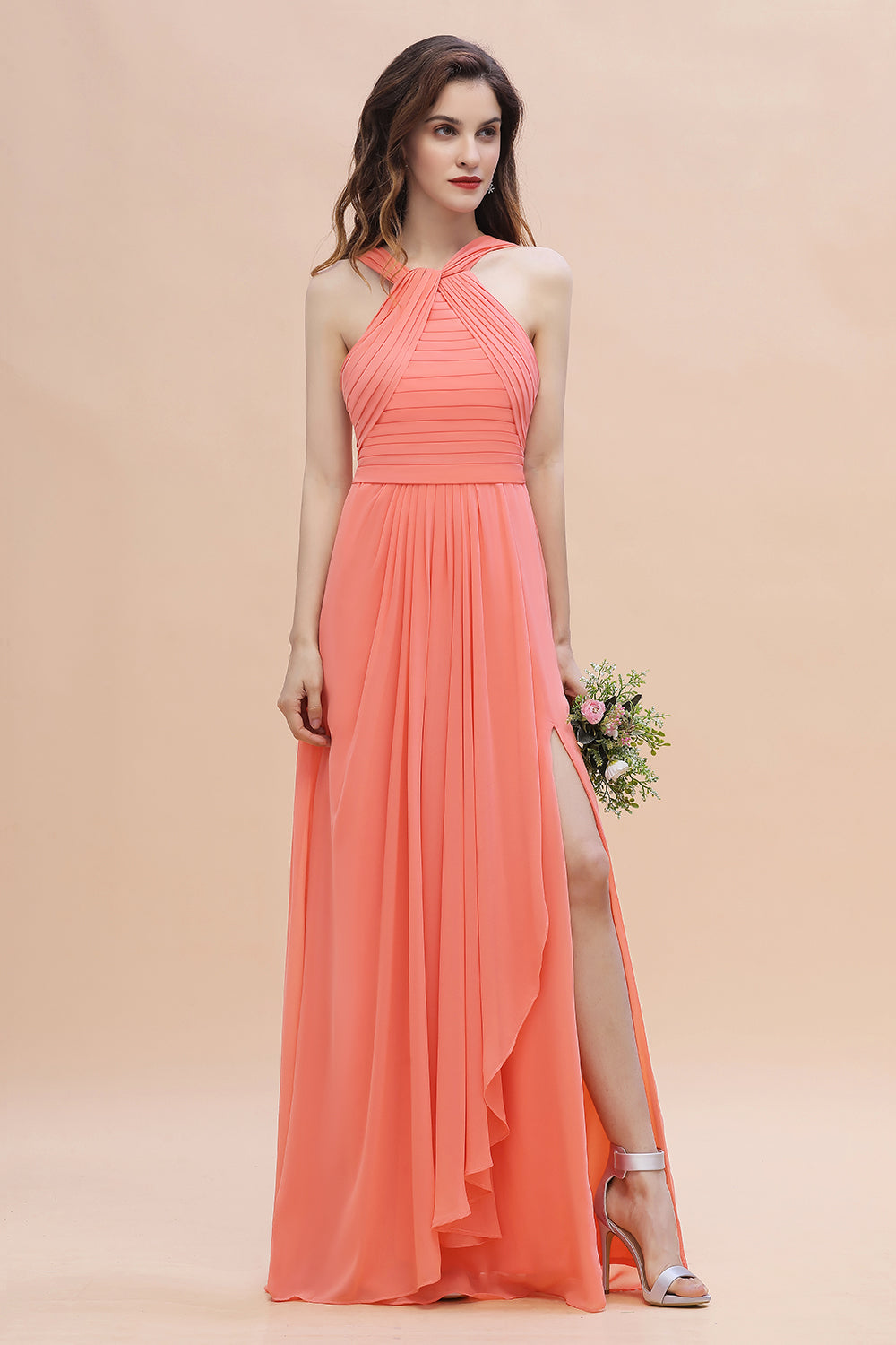 Gorgeous A-Line Sleeveless Coral Chiffon Bridesmaid Dresses with Ruffles On Sale - Fashionpara