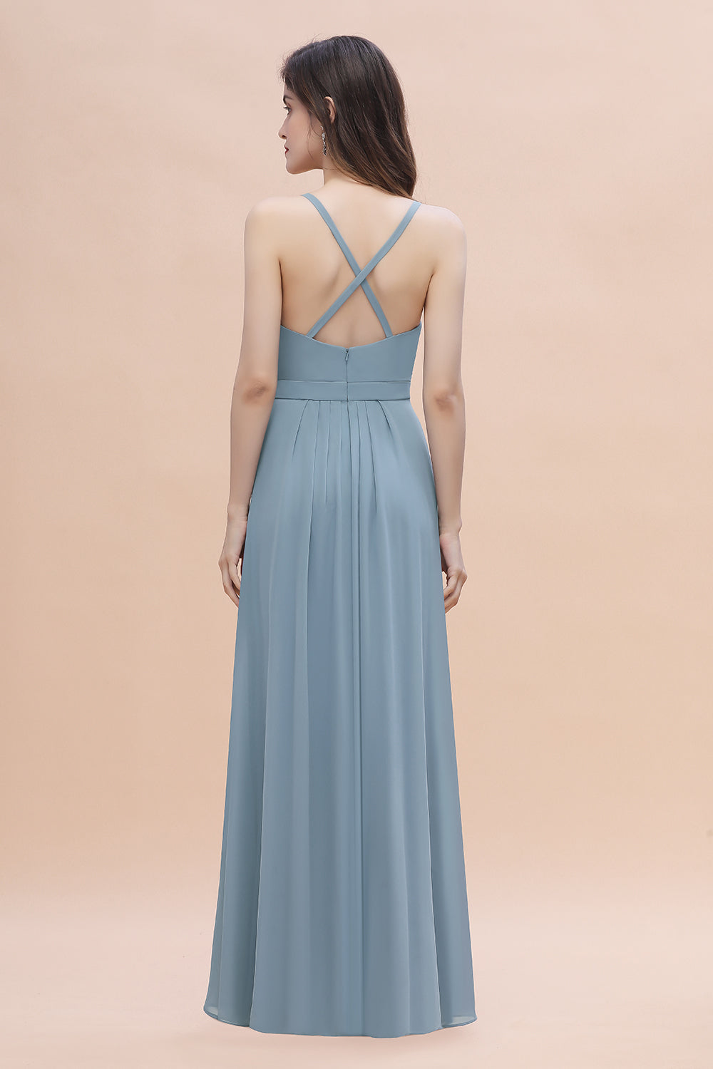 Gorgeous A-Line Straps Dusty Blue Chiffon Bridesmaid Dresses with Ruffles On Sale