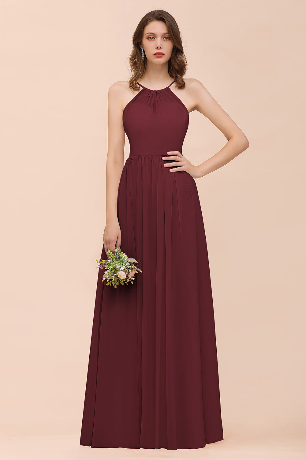 Gorgeous Chiffon Halter Ruffle Affordable Long Bridesmaid Dresses - Fashionpara