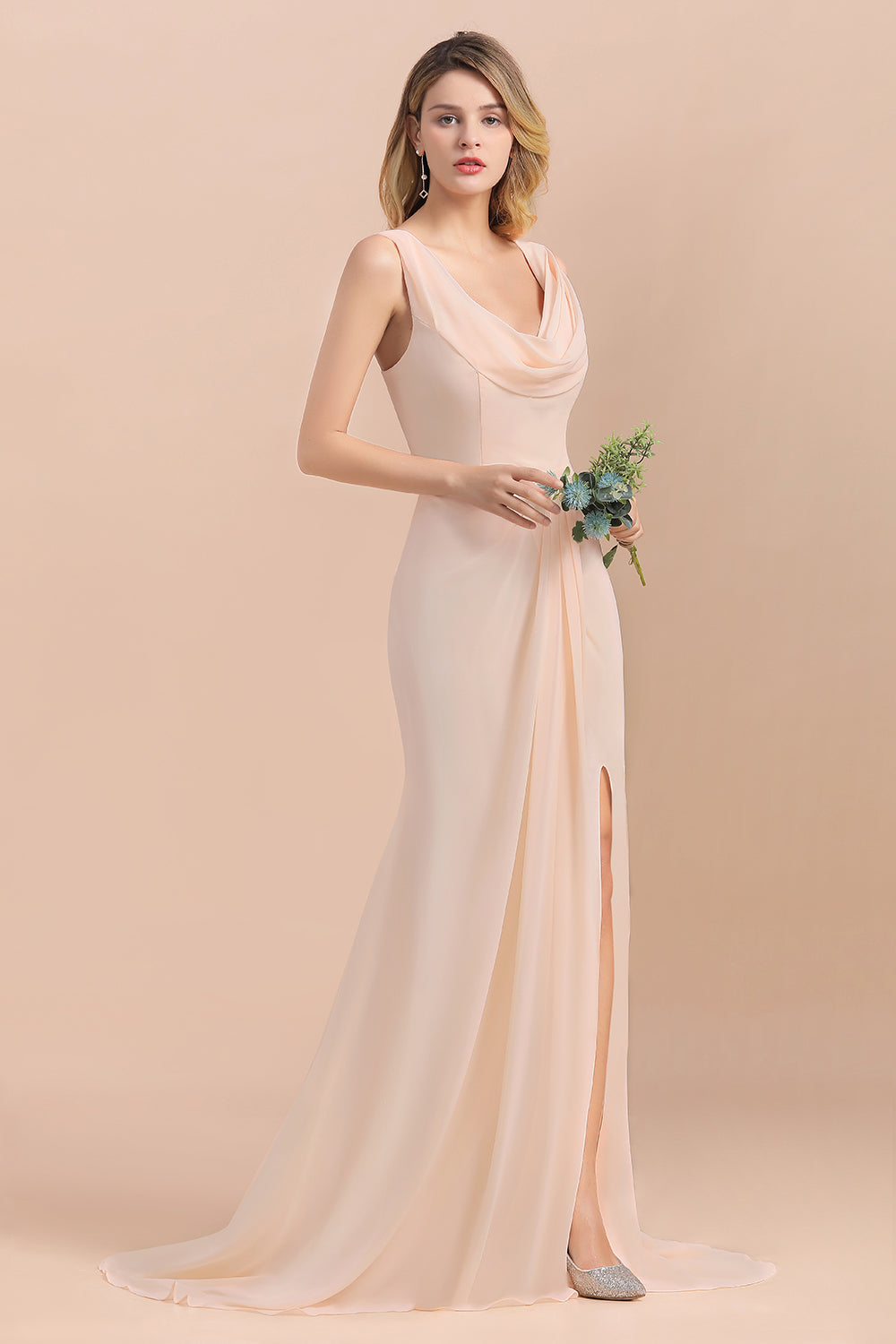 Gorgeous Drapped Neckline Ruffle Chiffon Bridesmaid dresses with Slit