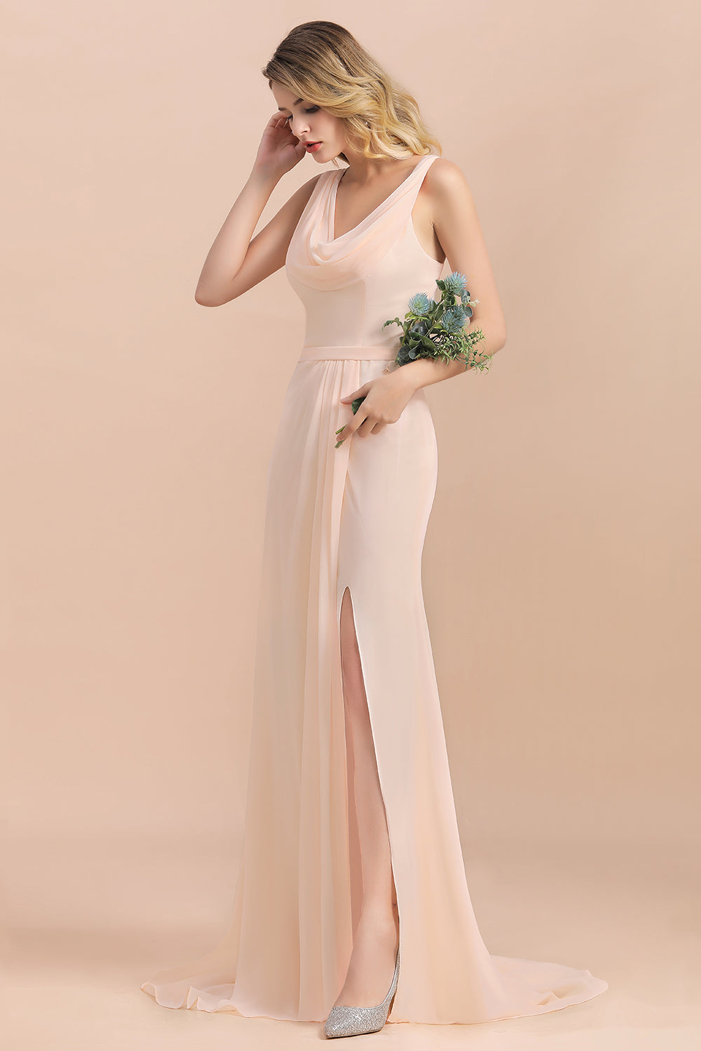 Gorgeous Drapped Neckline Ruffle Chiffon Bridesmaid dresses with Slit