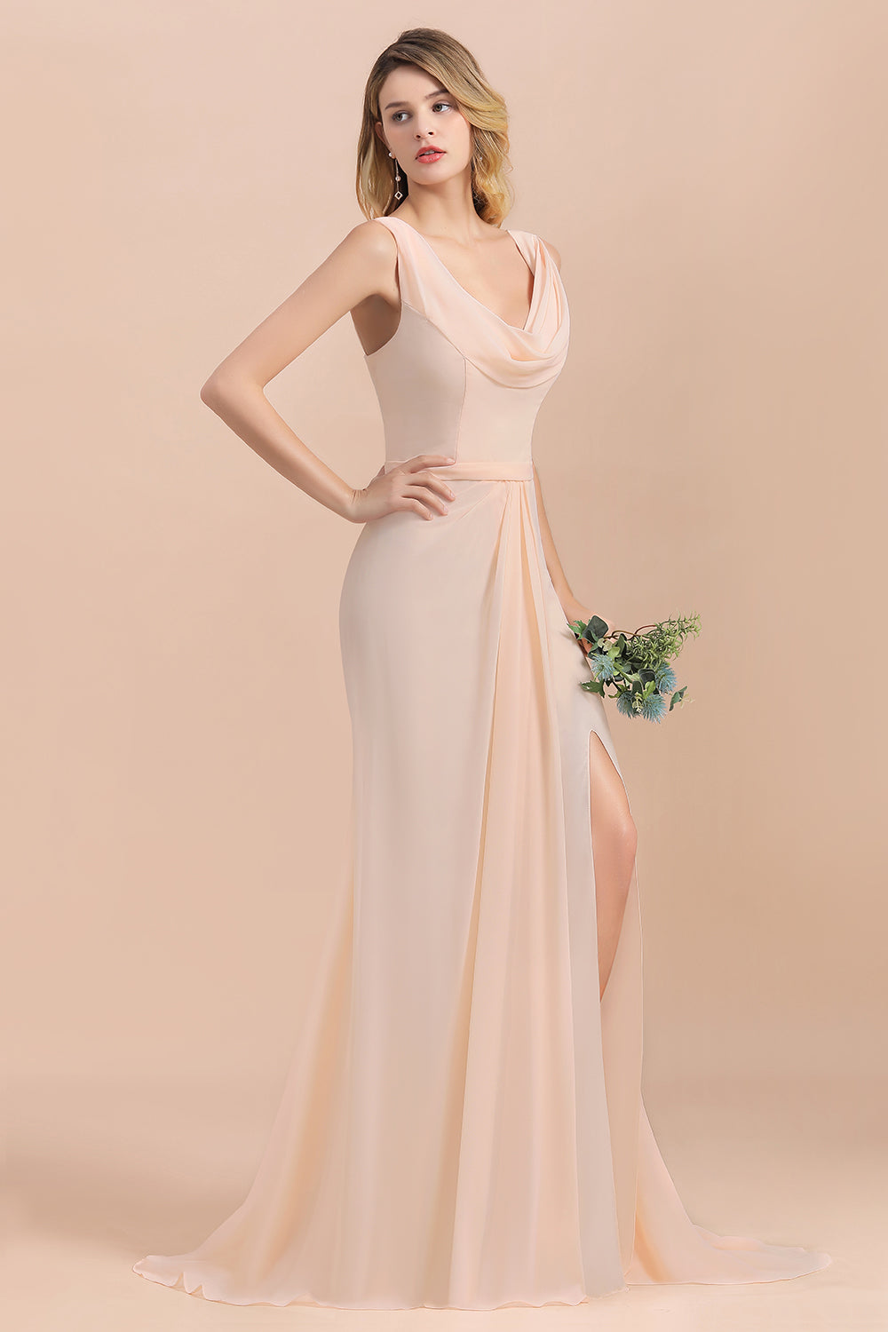 Gorgeous Drapped Neckline Ruffle Chiffon Bridesmaid dresses with Slit