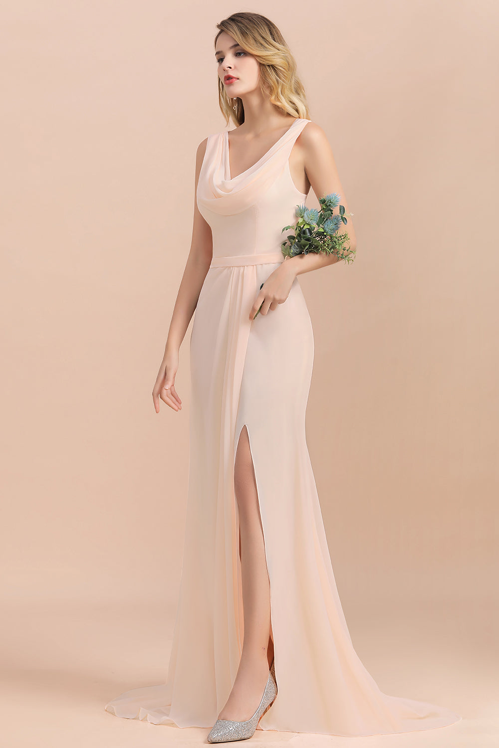 Gorgeous Drapped Neckline Ruffle Chiffon Bridesmaid dresses with Slit