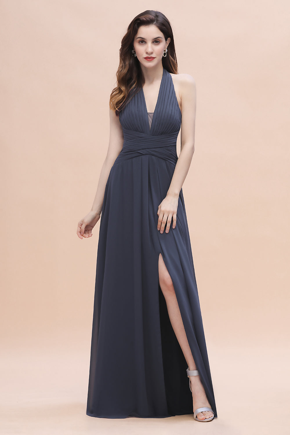 Gorgeous Halter Chiffon Ruffles Bridesmaid Dresses with Front Slit