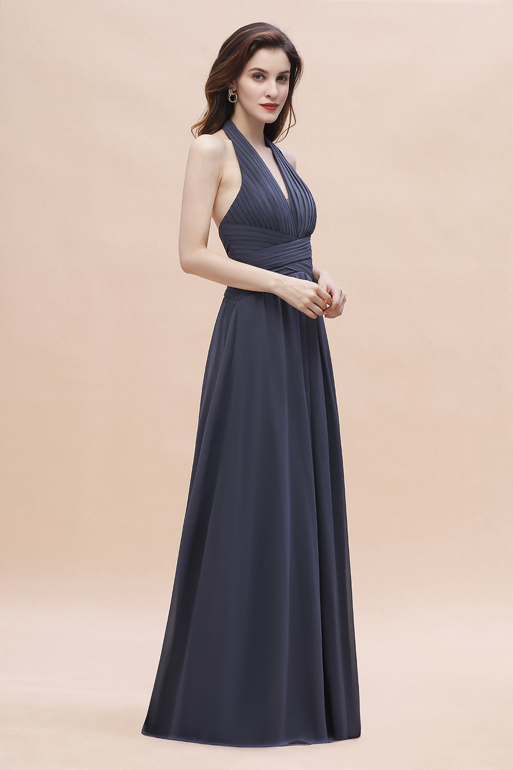 Gorgeous Halter Chiffon Ruffles Bridesmaid Dresses with Front Slit