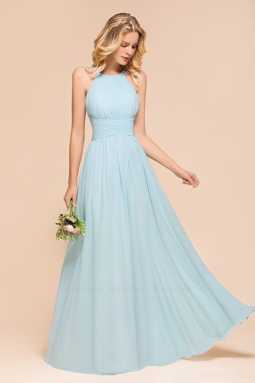 Gorgeous Halter Ruffle Sky Blue Affordable Bridesmaid Dresses - Fashionpara