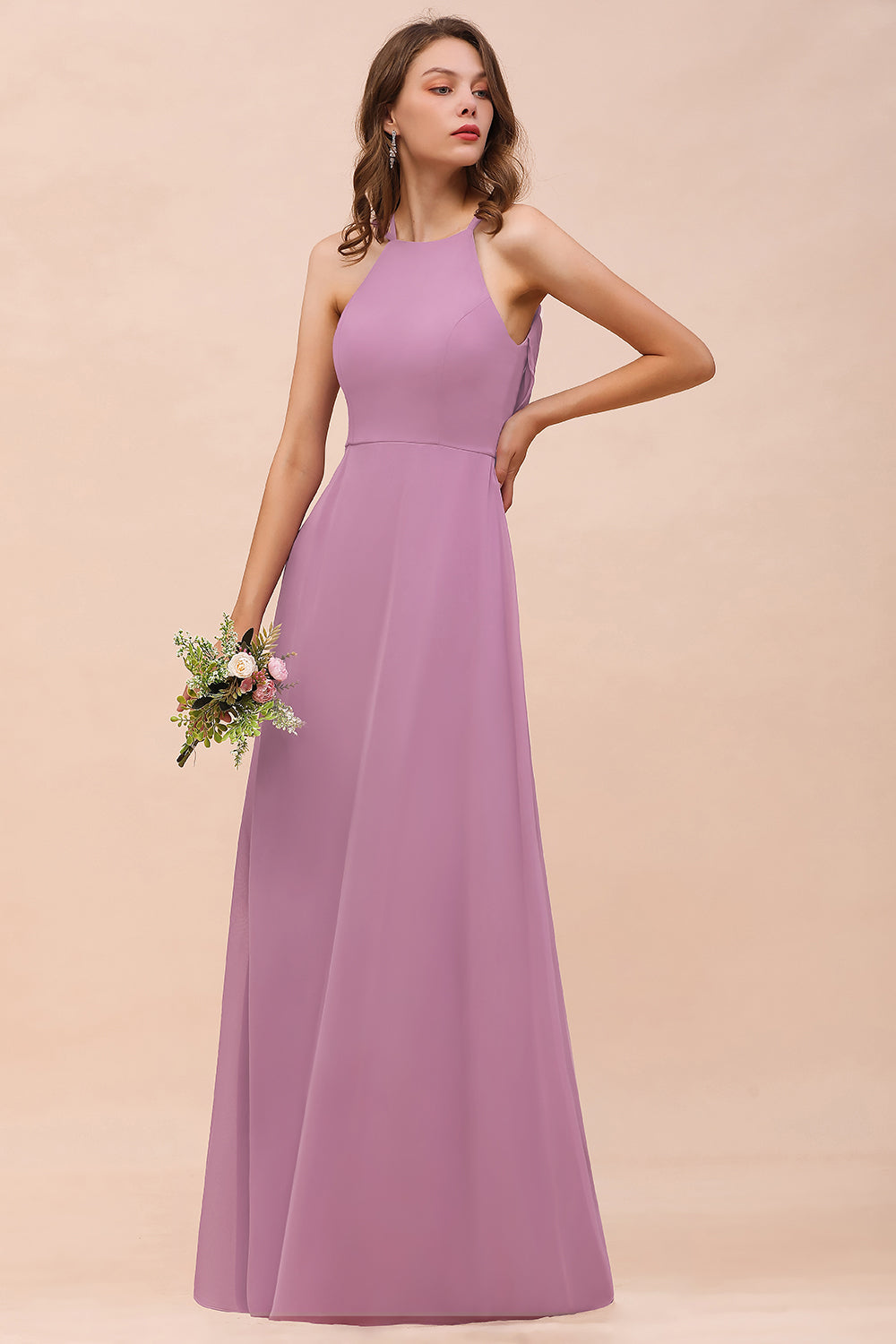 Gorgeous Halter Wisteria Chiffon Bridesmaid dresses with Draped Back