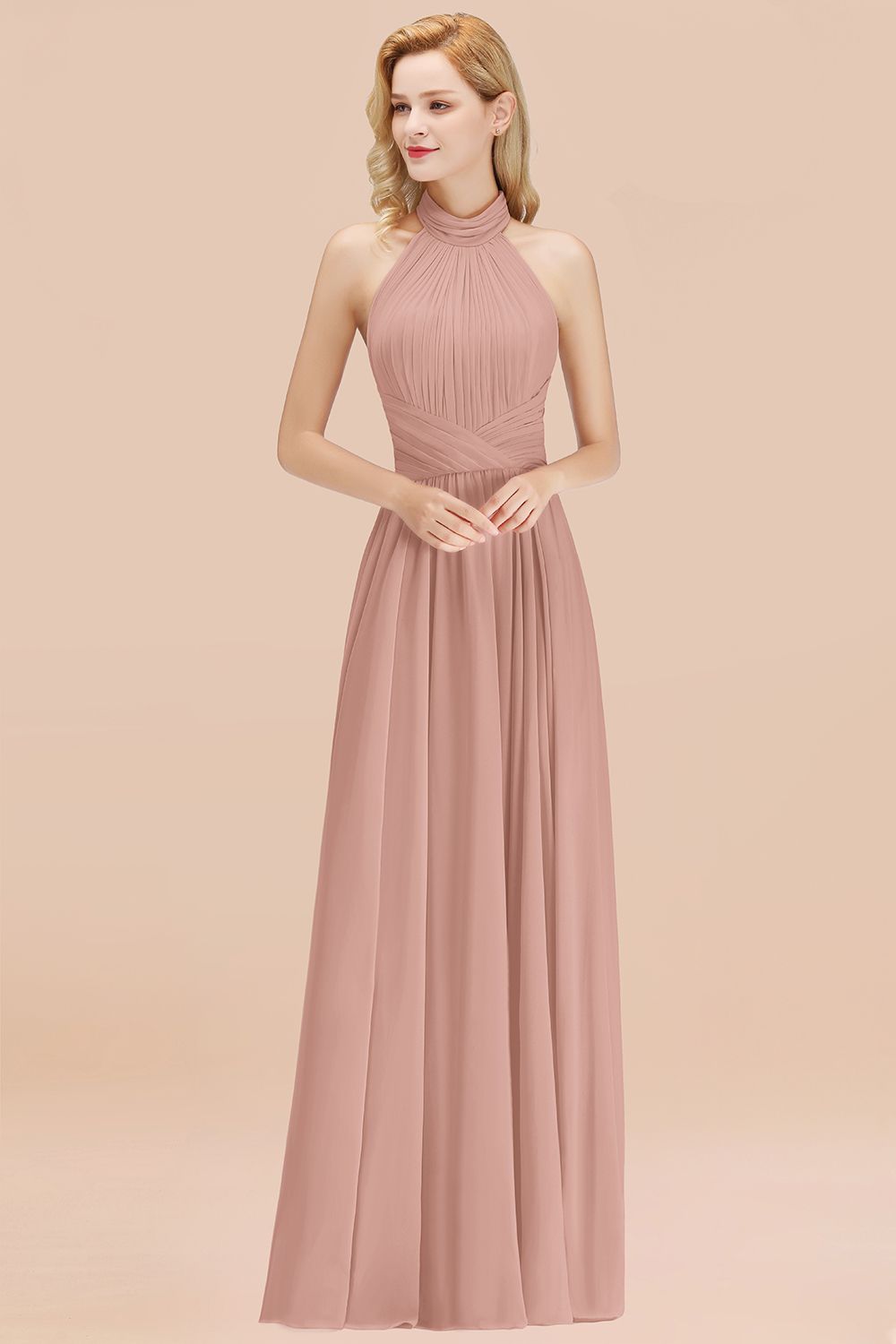 Gorgeous High-Neck Halter Backless Bridesmaid Dresses Dusty Rose Chiffon Maid of Honor Dress - Fashionpara