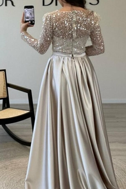 Gorgeous Long A-line Beaded Sequined Prom Gown with Elegant Long Sleeves - Fashionpara