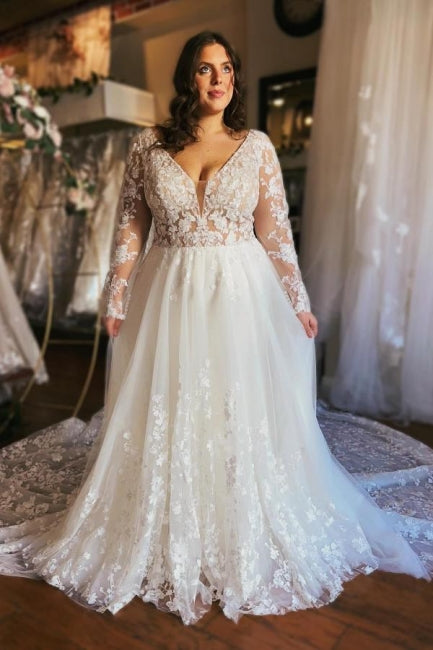 Gorgeous Long A-line V-neck Long Sleeve Lacy Wedding Gown with Dramatic Train