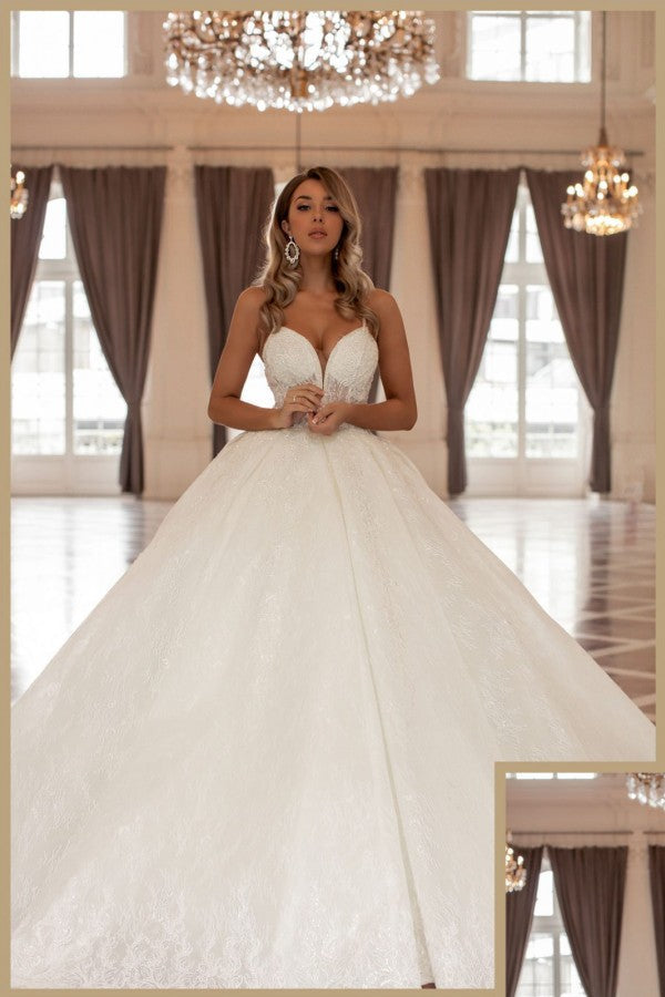 Gorgeous Long A-Line V-Neck Sleeveless Princess Wedding Gown with Lace