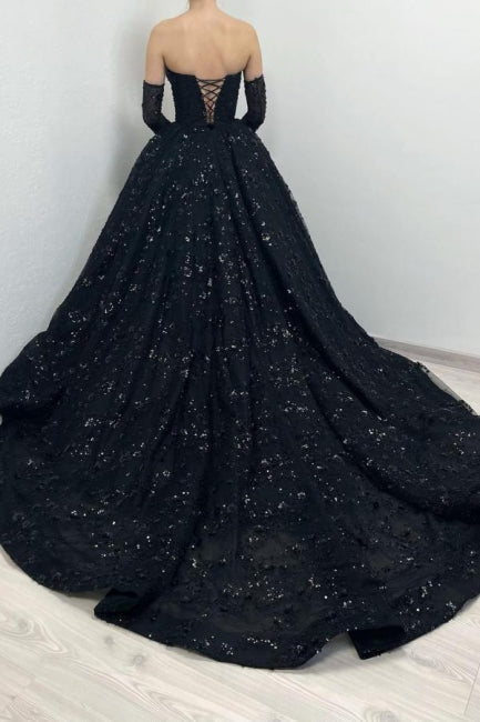 Gorgeous Long Black A-line Sweetheart Lace Laced-up Evening Gown - Fashionpara