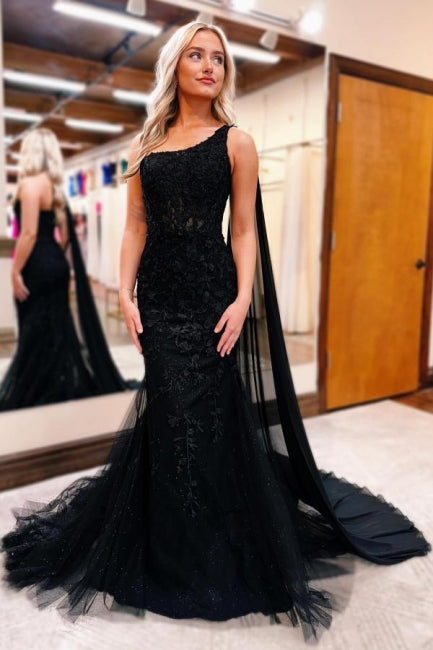 Gorgeous Long Black One Shoulder Mermaid Glitter Prom Dress with Lace Accents - Fashionpara