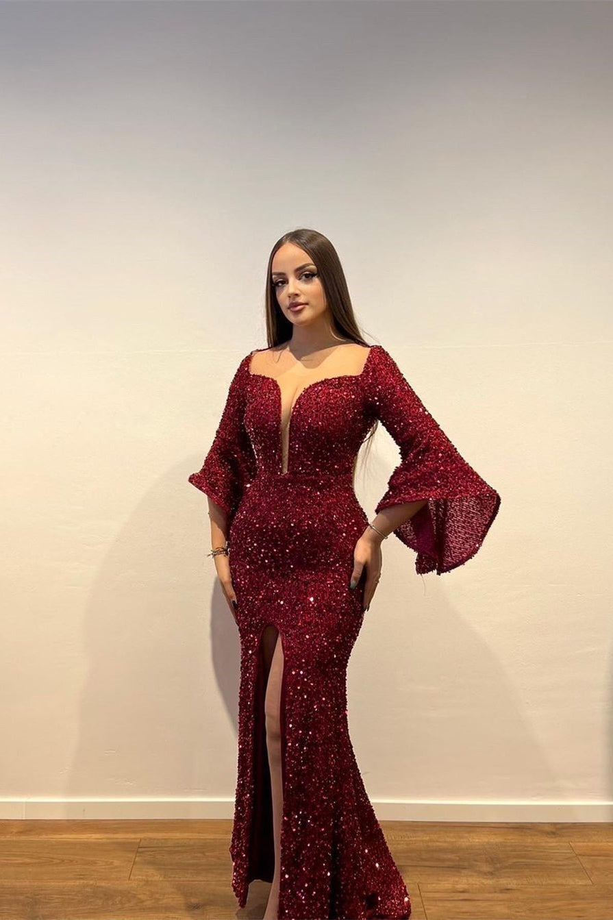 Gorgeous Long Burgundy Sequined Prom Dress with Long Sleeves and Split Front - Fashionpara