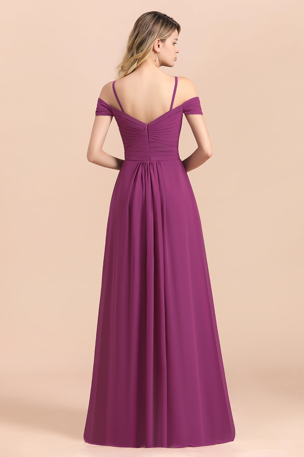 Gorgeous Off-the-Shoulder Ruffle Orchid Bridesmaid Dresses with Slit