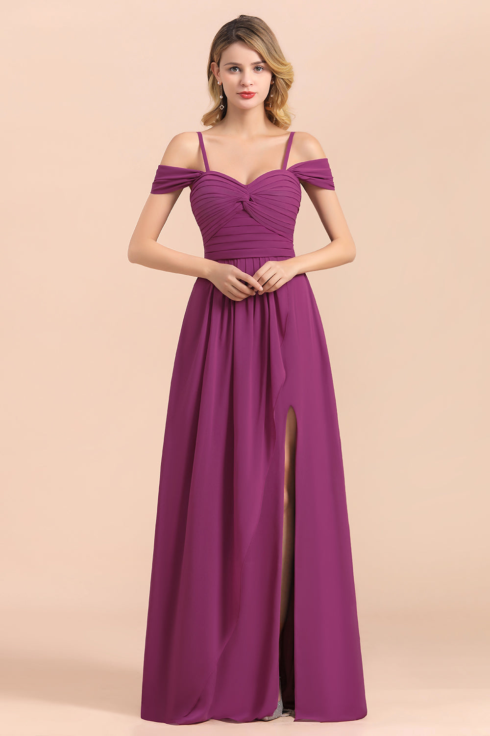 Gorgeous Off-the-Shoulder Ruffle Orchid Bridesmaid Dresses with Slit